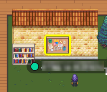 J Mase's avatar is in the Lobby of Garden facing a sand colored brick wall that hosts a white bookshelf to the left and a bulletin board with notes scattered across it is at center.