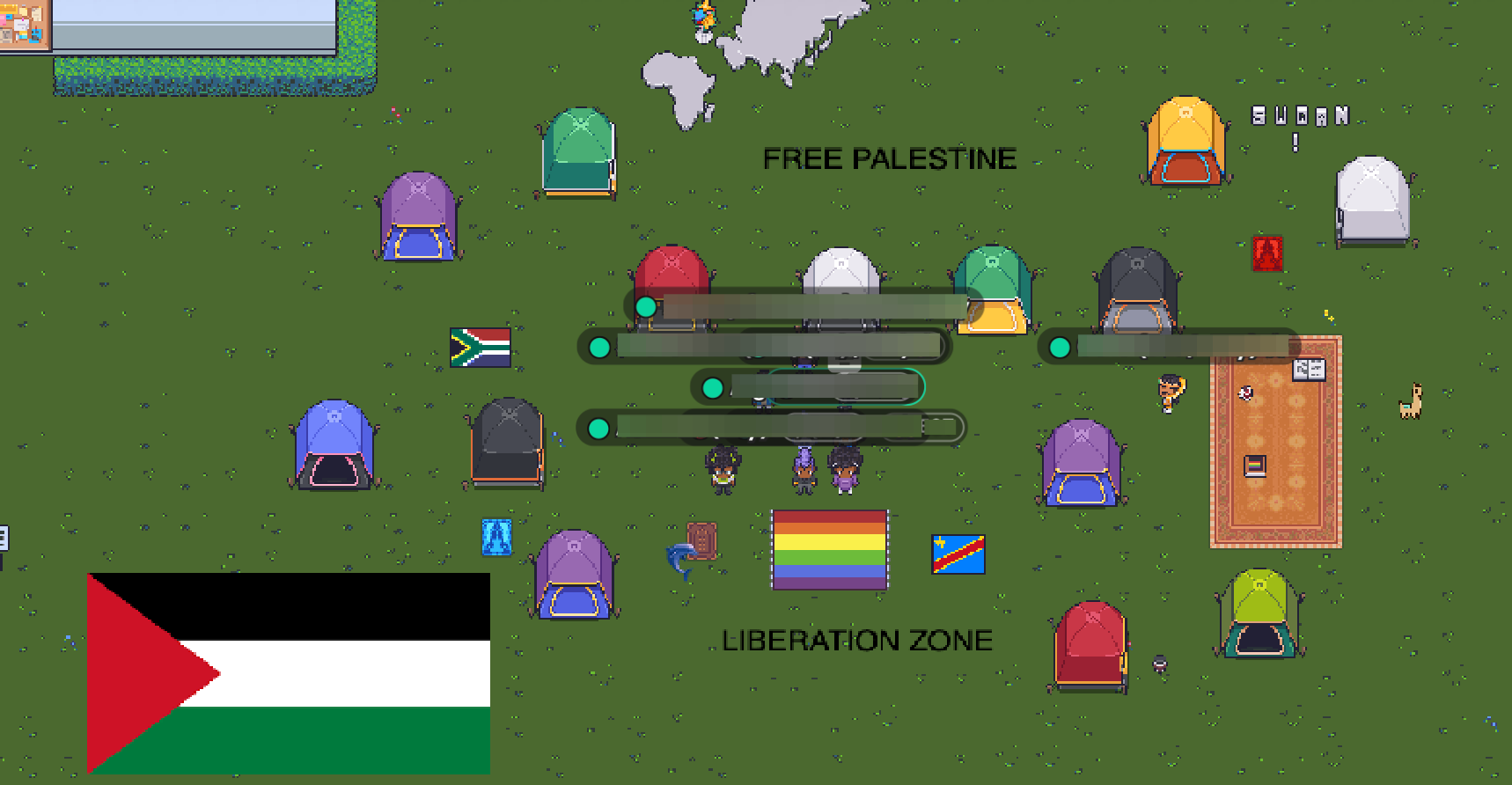 Screenshot of lawn area near the beach, there are over a dozen colorful tents, flags of Palestine, Congo, and South Africa, and avatars meeting