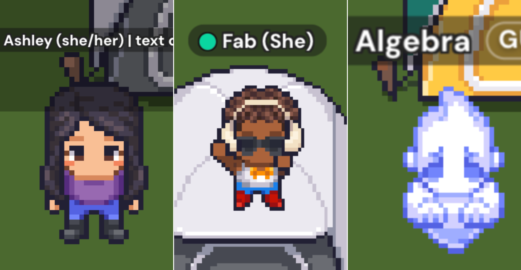 Screenshot of 3 avatars, a light skinned avatar with black hair, a brown skinned avatar with brown hair, and a white ghost avatar