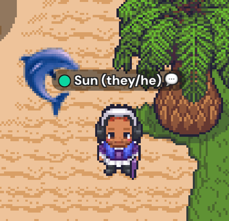 Brown skinned avatar with black and white headphones, and a blue dolphin next to a palm tree